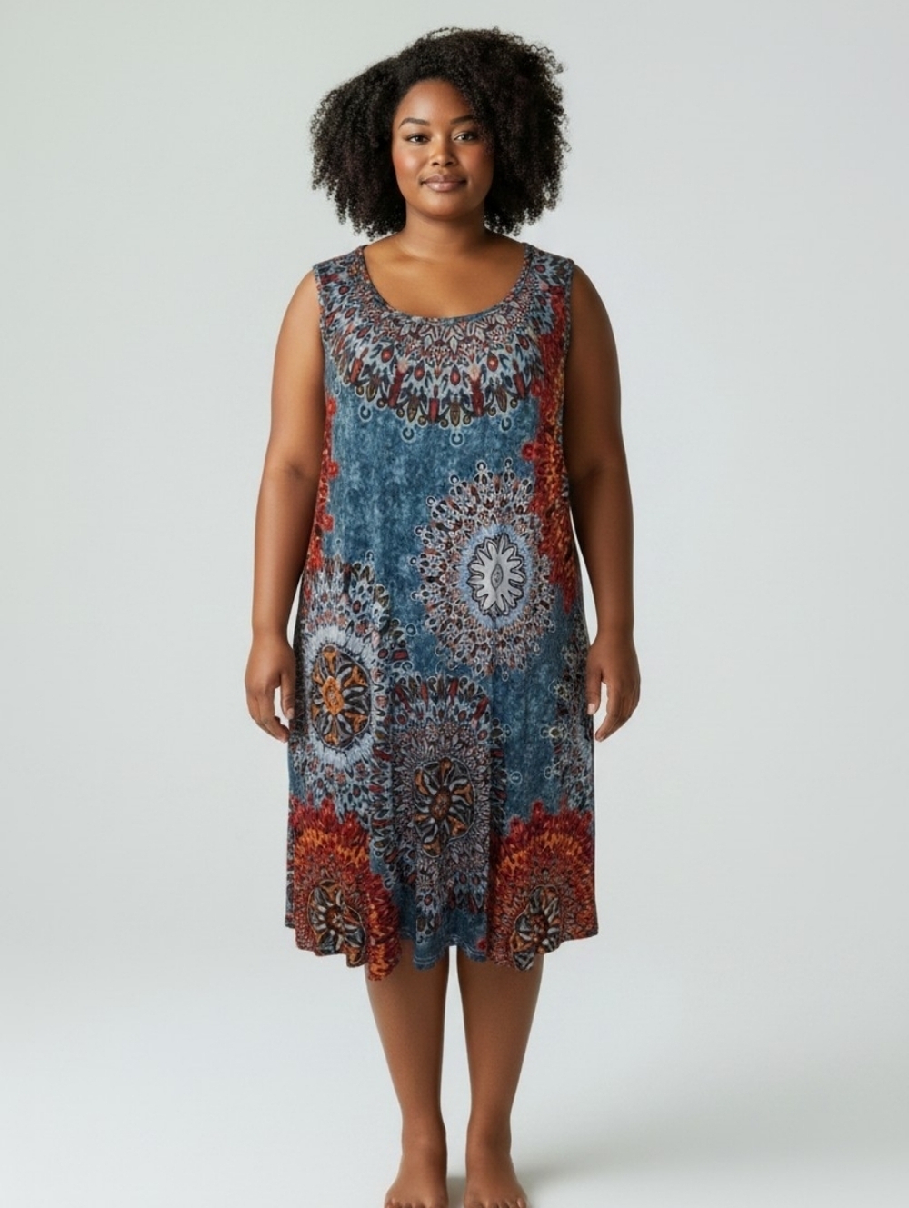 Bishuige Sleeveless Midi Dress Mandala Print Pockets NWT